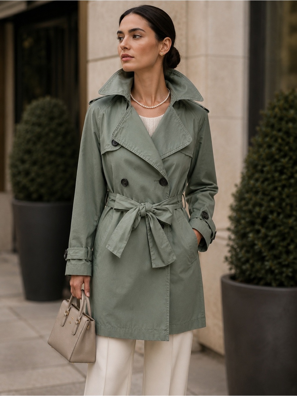 BENETTON Y2K Army Green Double Breasted Military Style Belted Trench, 42/6